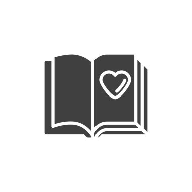 Roman kitabı vektör simgesi. Mobil konsept ve web tasarımı için düz tabela. Aşk Yüreği sembollü bir kitap sayfası aç. Sembol, logo çizimi. Vektör grafikleri