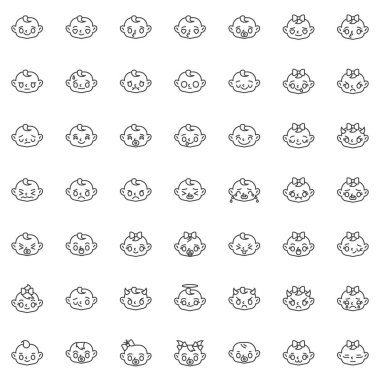 Bebek yüzlü duygu çizgisi simgeleri ayarlandı. Doğrusal biçim sembolleri koleksiyonu, ana tabela işaretleri paketi. Vektör grafikleri. Sette, gülümseyen bebek yüzü, ağlayan, üzgün, gülen, aşık çocuk, üfleyen öpücük gibi ikonlar var.