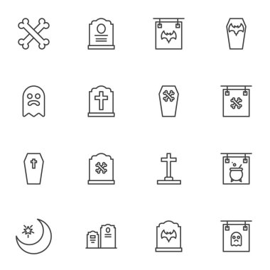 Mutlu cadılar bayramı çizgisi simgeleri seti, ana hatlı vektör sembolü koleksiyonu, doğrusal stil piktogram paketi. İşaretler, logo illüstrasyonu. Mezar taşı, hayalet, yarasa, çapraz kemikler, tabut olarak simgeler