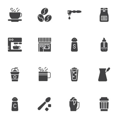 Kahve dükkanı ikonları seti, modern katı sembol koleksiyonu, doldurulmuş piktogram paketi. İşaretler, logo illüstrasyonu. Set, kavrulmuş kahve çekirdeği, sıcak çay fincanı, şeker, milkshake bardağı gibi simgeleri içerir