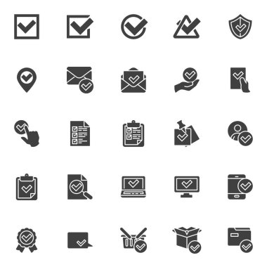 Doğrulama, onay vektörü simgeleri ayarlandı, modern katı sembol koleksiyonunu işaretleyin, biçimlendirilmiş pictogram paketi. İşaretler, logo illüstrasyonu. Alınan ileti olarak simgeleri, kontrol listesi belgesini içerir