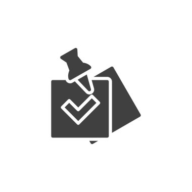 Pin vektör simgesi ile listeyi kontrol et. Mobil konsept ve web tasarımı için düz tabela dolduruldu. Not kağıdı ve iğne sembolüne bas. Sembol, logo çizimi. Vektör grafikleri