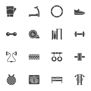 Spor ekipmanı vektör simgeleri seti, modern katı sembol koleksiyonu, doldurulmuş resim paketi. İşaretler, logo illüstrasyonu. Set, fitness koşu bandı olarak simgeleri, jimnastik aletleri, jimnastik