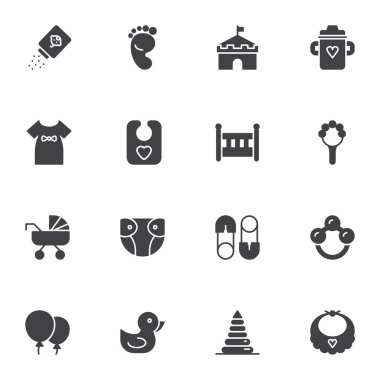 Bebek bağlantılı ögeler vektör simgeleri seti, modern katı sembol koleksiyonu, doldurulmuş biçim piktogram paketi. İşaretler, logo illüstrasyonu. Set, çıngırak, beslenme şişesi, bebek elbisesi, beşik, bebek bezi gibi simgeleri içerir