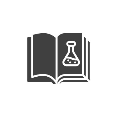 Kimya kitabı vektör ikonu. Mobil konsept ve web tasarımı için düz tabela. Kimyasal matara sembollü bir kitap sayfası aç. Sembol, logo çizimi. Vektör grafikleri