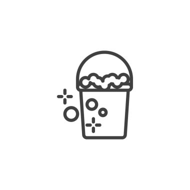 Köpük çizgi ikonlu kova. Mobil konsept ve web tasarımı için doğrusal biçim işareti. Kovanın ana hatlarını temizliyorum. Dezenfeksiyon ve temizlik sembolü, logo çizimi. Vektör grafikleri