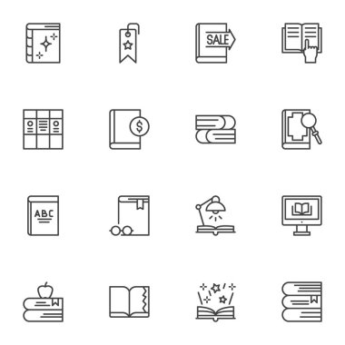 Kitapçı, kitap satırı simgeleri seti, ana hatlı vektör sembolü koleksiyonu, doğrusal resim paketi. İşaretler, logo illüstrasyonu. Açık kitap okuma, satış fiyatı etiketi, sözlük, kitap olarak simgeleri içerir