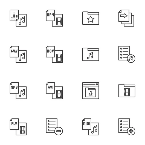 Conjunto Iconos Línea Archivos Vídeo Audio Colección Símbolos Vectoriales Contorno — Vector de stock