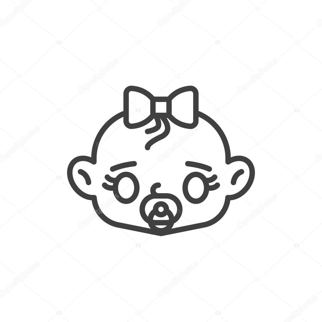 Baby girl with pacifier line icon. linear style sign for mobile concept and web design. Baby girl sucks soother outline vector icon. Symbol, logo illustration. Vector graphics