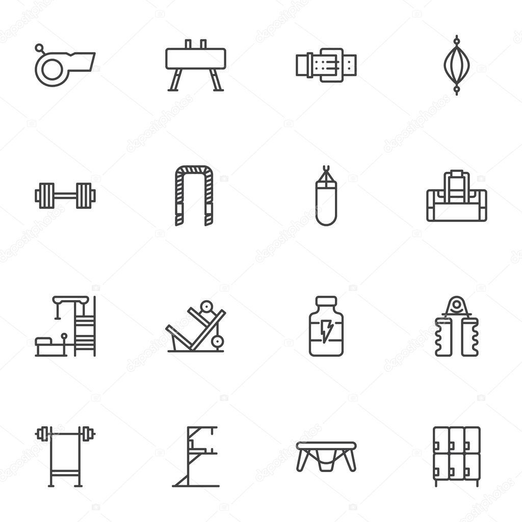 Gym equipment line icons set, outline vector symbol collection, linear style pictogram pack. Signs, logo illustration. Set includes icons as punching bag, barbell, locker room, training apparatus
