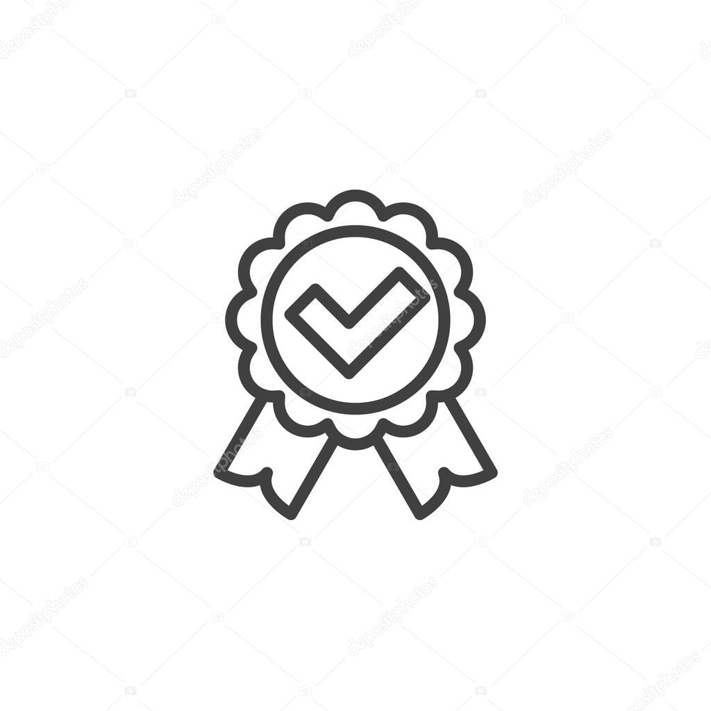 Approved, certified line icon. Quality badge with check mark linear style sign for mobile concept and web design. Guaranty certificate outline vector icon. Symbol, logo illustration. Vector graphics