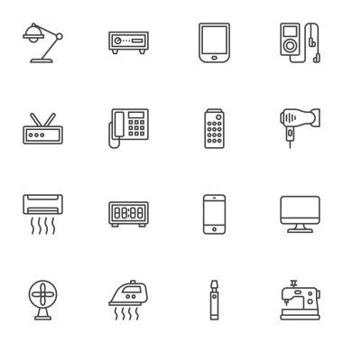 Ev aletleri vektör simgeleri seti, modern katı sembol koleksiyonu, ev aletleri dolu piktogram paketi. Logo illüstrasyonu işaretleri. Set simgeleri masa lambası, telefon, ütü, fan, ac olarak içerir