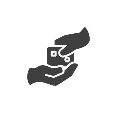 Ellerinde bir kredi kartı vektör simgesi var. Mobil konsept ve web tasarımı için düz tabela. Kredi sembolü simgesi. Sembol, logo çizimi. Vektör grafikleri