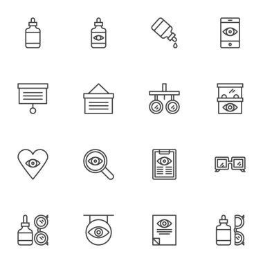 Optometri, göz bilimi çizgi simgeleri seti, ana hatlı vektör sembolü koleksiyonu, doğrusal stil piktogram paketi. İşaretler, logo illüstrasyonu. Görüş düzeltme gözlüğü olarak simgeleri, göz testi teşhisini içerir