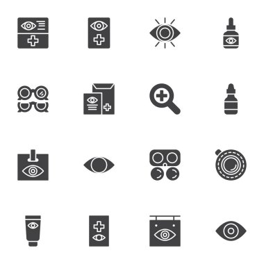 Optometri vektör simgeleri seti, modern katı sembol koleksiyonu, optalmoloji dolu biçim piktogram paketi. İşaretler, logo illüstrasyonu. Göz damlası ilacı olarak simgeler, göz testi, görme düzeltmesi