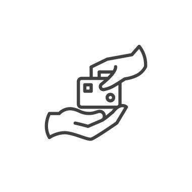 Elleri bir kredi kartı simgesini tutuyor. Mobil konsept ve web tasarımı için doğrusal biçim işareti. Taslak vektör simgesini ödünç ver. Sembol, logo çizimi. Vektör grafikleri