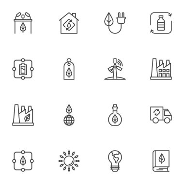 Ekoloji çizgisi simgeleri ayarlandı, ekolojik enerji ana hatları vektör koleksiyonu, doğrusal stil piktogram paketi. İşaretler, logo illüstrasyonu. Set simgeleri rüzgar gücü, alternatif yeşil enerji, fabrika, pil olarak içerir