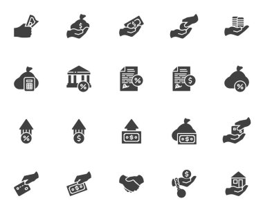 Kredi ve Kredi vektör simgeleri seti, modern katı sembol koleksiyonu, doldurulmuş biçim piktogram paketi. İşaretler, logo illüstrasyonu. Kümeler kredi kartı, para çantası, faiz, mortgage, banka yüzdesi olarak simgeleri içerir