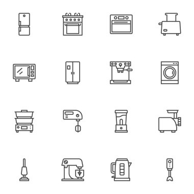 Mutfak gereçleri vektör simgeleri seti, modern katı sembol koleksiyonu, ev aletleri dolu piktogram paketi. İşaretler, logo illüstrasyonu. Set, elektrikli soba, buzdolabı ve mikrodalga fırın gibi simgeleri içerir