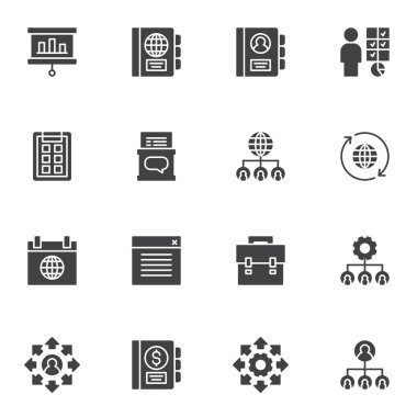 Kurumsal yönetim vektör simgeleri seti, modern katı sembol koleksiyonu, doldurulmuş biçim piktogram paketi. İşaretler, logo illüstrasyonu. Set simgeleri takım çalışması grubu, takım lideri ve iş irtibat defteri olarak içerir