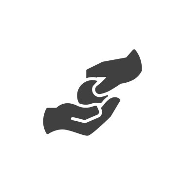 Para bağışı el vektör ikonu. Mobil konsept ve web tasarımı için düz tabela. Bozuk para glifini ver. Sembol, logo çizimi. Vektör grafikleri