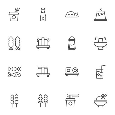 Asya mutfak çizgisi simgeleri seti, ana hatlı vektör sembolü koleksiyonu, Asya yemek menüsü doğrusal piktogram paketi. İşaretler, logo illüstrasyonu. Sette erişte, suşi, saşimi gibi ikonlar var.