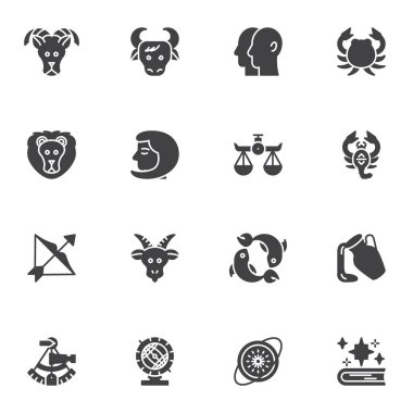 Astroloji işaretleri vektör simgeleri seti, Zodiac burç modern katı sembol koleksiyonu, doldurulmuş resim paketi. Logo illüstrasyonu işaretleri. Set, Koç, Taurus, Gemini, Kanser, Başak, Leo gibi simgeleri içerir