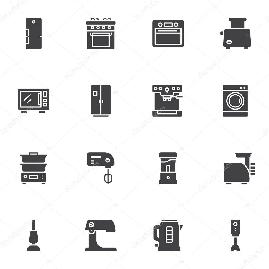 Kitchen appliances vector icons set, modern solid symbol collection, household equipment filled style pictogram pack. Signs, logo illustration. Set includes icons as electric stove, fridge, microwave