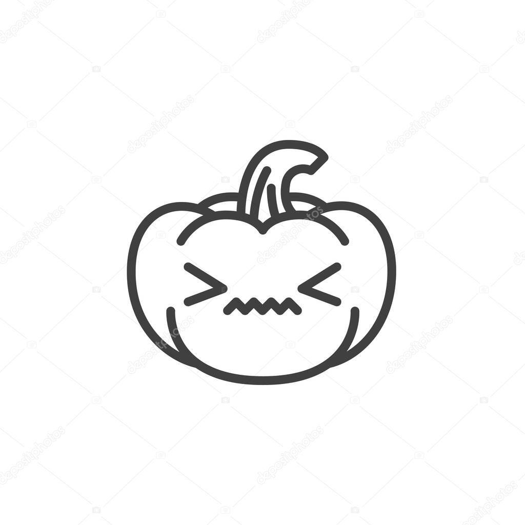 Confounded pumpkin face emoji line icon. linear style sign for mobile concept and web design. Annoyed pumpkin emoticon outline vector icon. Symbol, logo illustration.