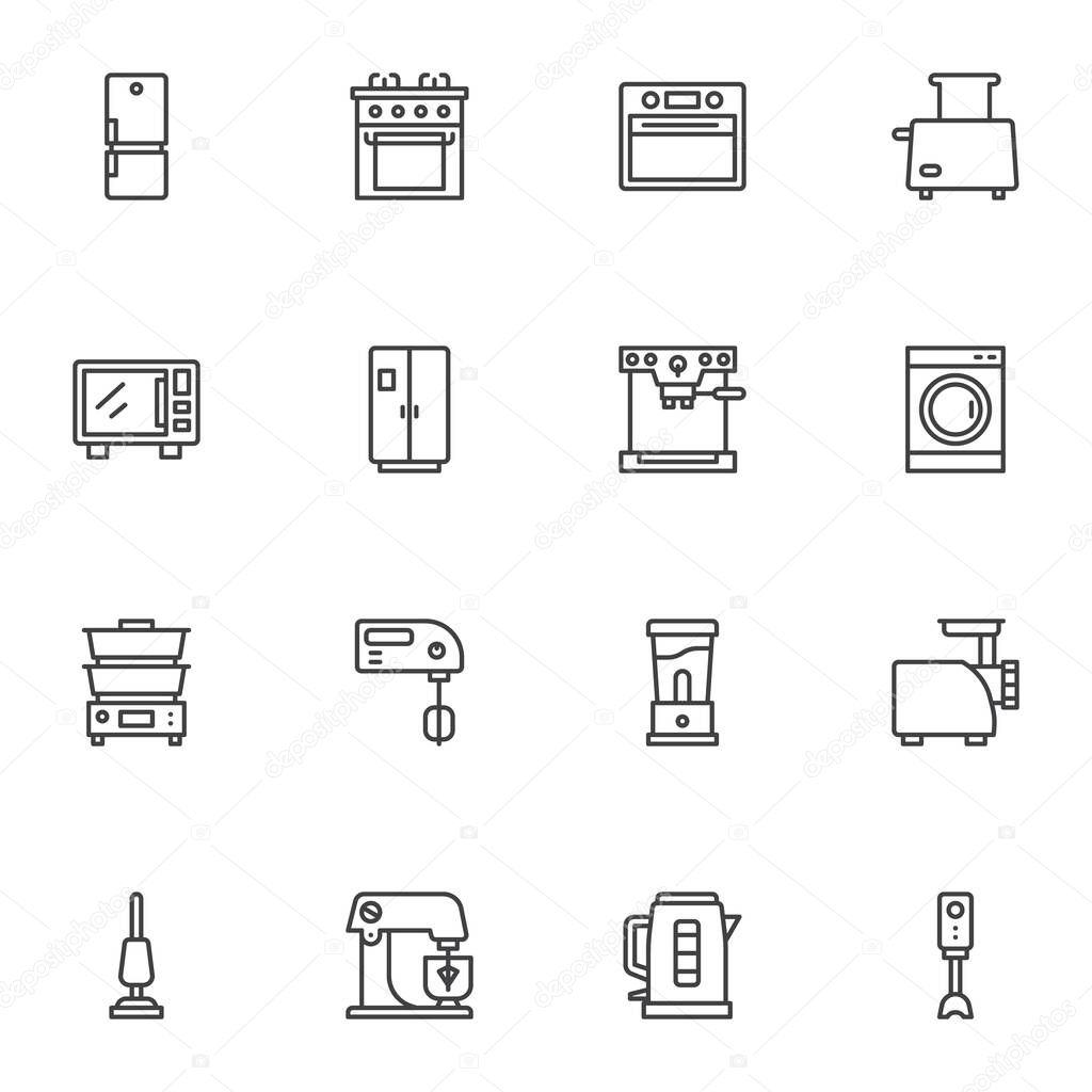 Kitchen appliances vector icons set, modern solid symbol collection, household equipment filled style pictogram pack. Signs, logo illustration. Set includes icons as electric stove, fridge, microwave