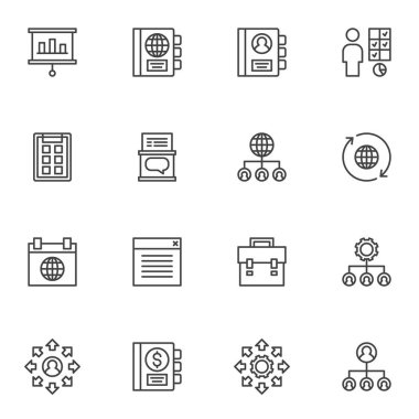 Şirket yönetim çizgisi simgeleri seti, taslak vektör sembolü koleksiyonu, doğrusal biçim piktogram paketi. İşaretler, logo illüstrasyonu. Set simgeleri takım çalışması grubu, takım lideri ve iş irtibat defteri olarak içerir