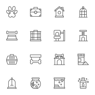 Evcil hayvan dükkânı simgeleri seti, ana hatlı vektör sembolü koleksiyonu, doğrusal resim paketi. İşaretler, logo illüstrasyonu. Evcil hayvan patisi, akvaryum balığı, kuş kafesi, köpek kulübesi, kedi kaşıyıcısı, veteriner gibi ikonlar 