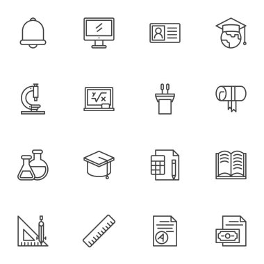 Üniversite ve üniversite çizgisi simgeleri seti, ana hat vektör koleksiyonu, doğrusal biçim piktogram paketi. İşaretler, logo illüstrasyonu. Mezuniyet şapkası, podyum, diploma sertifikası, kitap olarak simgeler