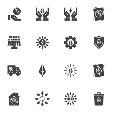Ekoloji enerji vektör simgeleri seti, modern katı sembol koleksiyonu, doldurulmuş biçim piktogram paketi. Logo illüstrasyonu işaretleri. Set simgeleri - güneş paneli, dünya gezegeni, geri dönüşüm kutusu, eko yenilenebilir enerji