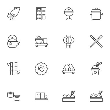 Asya yemek menüsü simgeleri seti, ana hat vektör koleksiyonu, Asya tarzı pictogram paketi. İşaretler, logo illüstrasyonu. Suşi rulosu, yemek çubuğu, deniz ürünleri, erişte, çay gibi ikonlar.