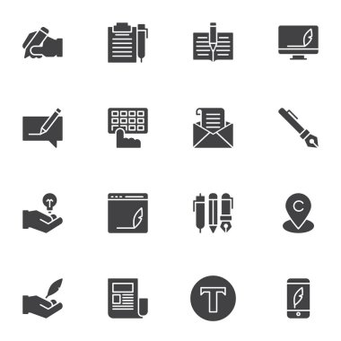 Kopyalama vektör simgeleri seti, modern katı sembol koleksiyonu, doldurulmuş biçim piktogram paketi. İşaretler, logo illüstrasyonu. Kopyalama, yazma, belge, kalem, not defteri, klavye olarak simgeleri içerir 