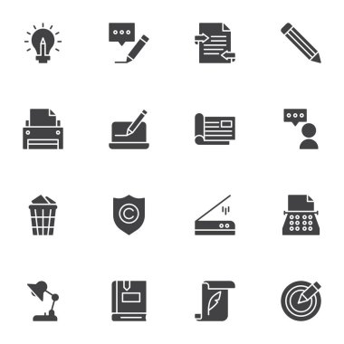 Kopyalama ilgili vektör simgeleri seti, modern katı sembol koleksiyonu, doldurulmuş biçim piktogram paketi. İşaretler, logo illüstrasyonu. İleti yazma, daktilo makinesi, yazıcı, kitap olarak simgeleri içerir