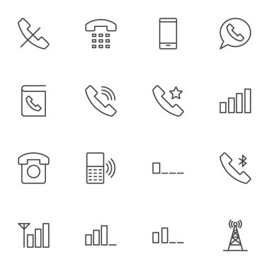 Cep telefonu fonksiyon satırı simgeleri ayarlandı, akıllı telefon ana hatları vektör sembolü koleksiyonu, doğrusal resim paketi. Logo illüstrasyonu işaretleri. Set simgeleri - iletişim defteri, telefon çağrısı, kablosuz bağlantı sinyali