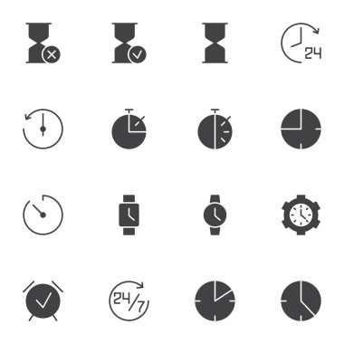 Saat zaman vektör simgeleri seti, modern katı sembol koleksiyonu, doldurulmuş biçim piktogram paketi. İşaretler, logo illüstrasyonu. Kum saati, kronometre, kol saati, alarm saati olarak simgeleri içerir