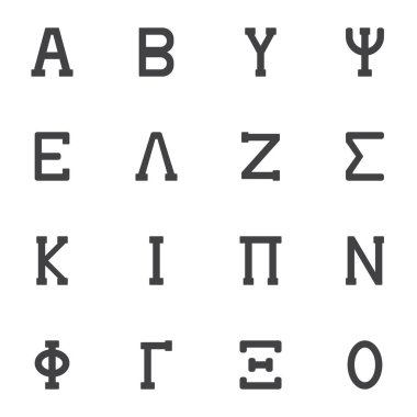 Yunan alfabe vektör simgeleri seti, modern katı sembol koleksiyonu, doldurulmuş biçim piktogram paketi. İşaretler, logo illüstrasyonu. Set simgeleri Alfa, Beta, Gamma, Delta, Epsilon, Zeta, Omega harflerini içerir