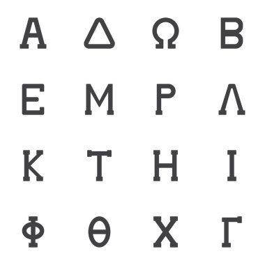 Yunan sembolleri vektör simgeleri seti, modern katı sembol koleksiyonu, doldurulmuş biçim piktogram paketi. İşaretler, logo illüstrasyonu. Alfa, Delta, Omega, Beta, Epsilon, Lambda alfabe harfleri olarak simgeleri küme