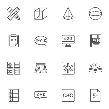 Matematik ve cebir çizgisi simgeleri seti, ana hat vektör sembolü koleksiyonu, doğrusal biçim piktogram paketi. İşaretler, logo illüstrasyonu. Küme geometrik şekiller, formül, aritmetik, kalem ve cetvel olarak simgeleri içerir