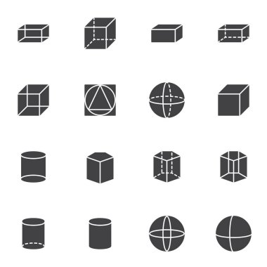 Geometri figürleri vektör simgeleri seti, matematik modern katı sembol koleksiyonunu şekillendirir, doldurulmuş biçim piktogram paketi. İşaretler, logo illüstrasyonu. Silindir, küp, dikdörtgen, küre, kare olarak simgeleri küme