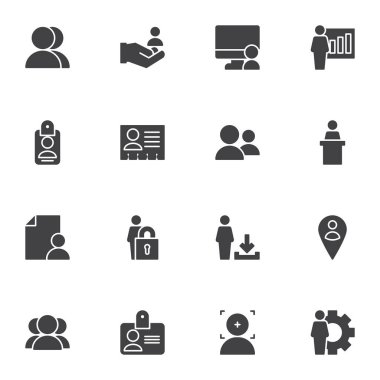 Kullanıcı profili vektör simgeleri seti, modern katı sembol koleksiyonu, doldurulmuş biçim piktogram paketi. İşaretler, logo illüstrasyonu. İnsan grubu, ofis üyesi, çalışan takım çalışması, sunum olarak simgeleri içerir