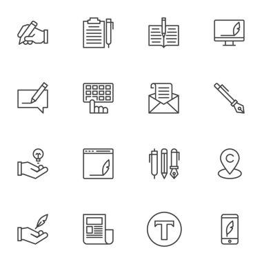 Kopyalama satırı simgeleri seti, ana hatlı vektör sembolü koleksiyonu, doğrusal biçim piktogram paketi. İşaretler, logo illüstrasyonu. Kopyalama, yazma, belge, kalem, not defteri, klavye olarak simgeleri içerir 