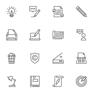 Kopyalama ile ilgili satır simgeleri seti, ana hat vektör koleksiyonu, doğrusal biçim piktogram paketi. İşaretler, logo illüstrasyonu. İleti yazma, daktilo makinesi, yazıcı, kitap olarak simgeleri içerir