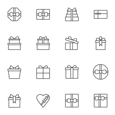 Hediye kutusu çizgisi simgeleri seti, ana hat vektör sembolü koleksiyonu, doğrusal biçim piktogram paketi. İşaretler, logo illüstrasyonu. Set, kalp şeklinde simgeler içerir, doğum günü hediyesi, kurdele, hediye 