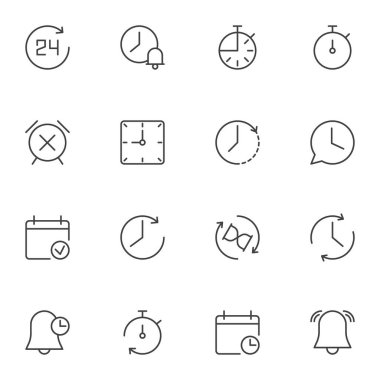 Zaman çizgisi simgeleri seti, ana hatlı vektör sembolü koleksiyonu, doğrusal biçim piktogram paketi. İşaretler, logo illüstrasyonu. Takvim günü, alarm saati, son teslim tarihi, kronometre, kum saati olarak simgeleri içerir