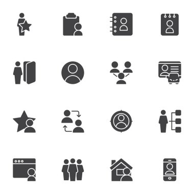 Kullanıcı kişi vektör simgeleri seti, modern katı sembol koleksiyonu, doldurulmuş biçim piktogram paketi. İşaretler, logo illüstrasyonu. Kişi adres defteri, sürücü belgesi, insan grubu, arkadaş olarak simgeleri içerir
