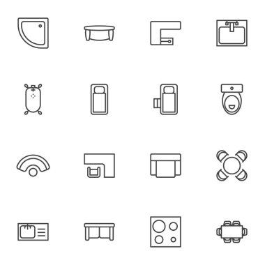 Ev içi mobilya çizgisi simgeleri seti, ana hatlı vektör sembolü koleksiyonu, lineer stil piktogram paketi. İşaretler, logo illüstrasyonu. Set, koltuk, koltuk, tuvalet, lavabo ve mutfak sobası olarak simgeleri içerir